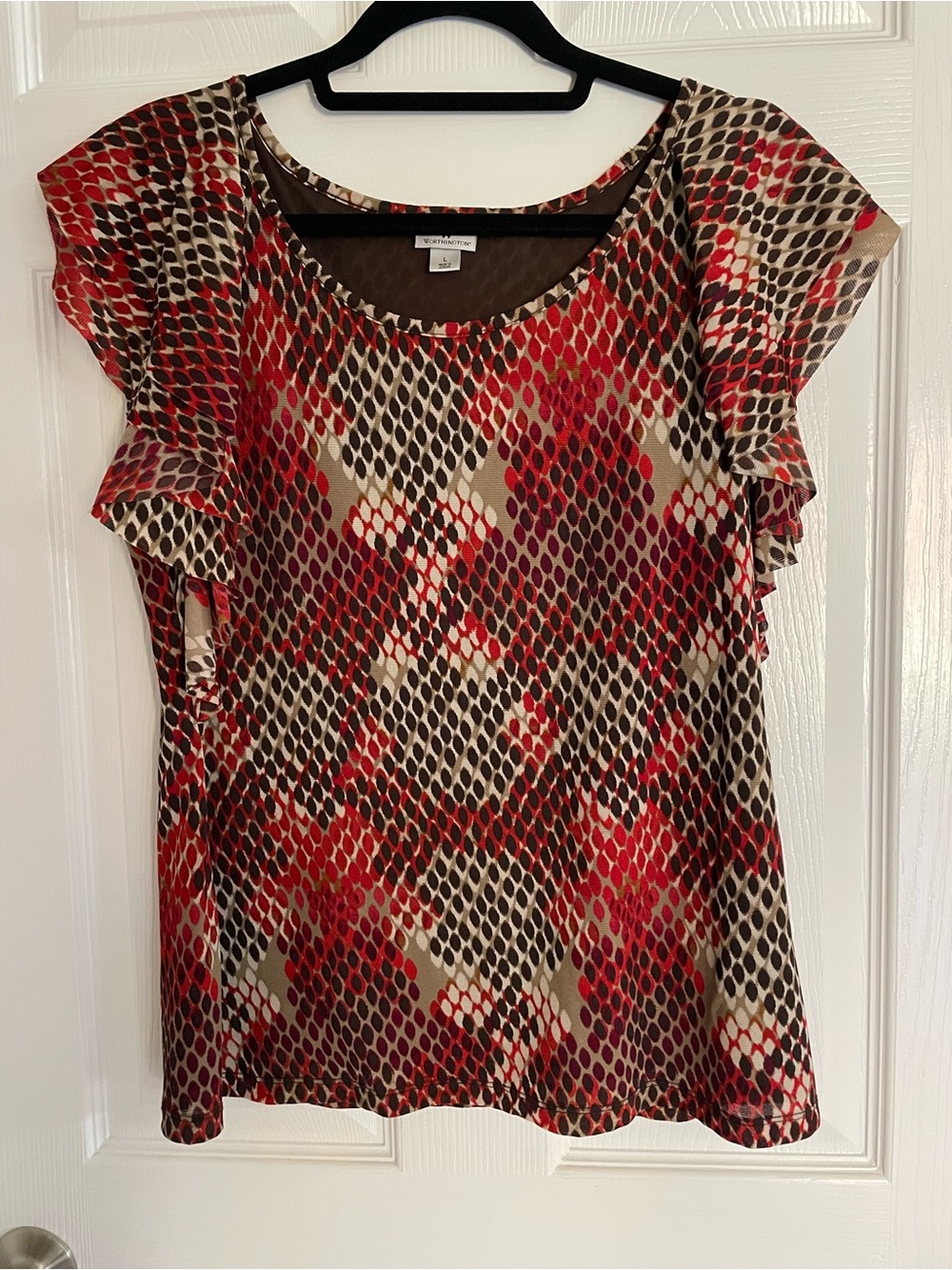 Worthington Red and Brown Geometric Ruffle-Sleeve Chiffon Blouse